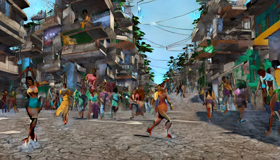 Prompt: favelas in rio, beautiful brazilian women, music, dancing, locals, nightlife, hustlers and street - walkers, beach, ocean, fun, octane render, unreal 5, 8 k digital art, highly detailed, in the style of boondocks