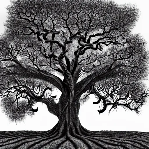 Prompt: oak tree with huge vines standing alone in a field with fractal pattern branches clear focus, concept art, charcoal drawing