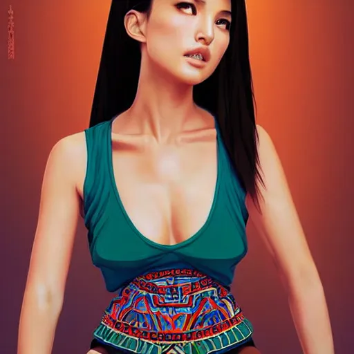 Image similar to a beautiful young japanese natalie portman alluring gravure model, wearing elegant designer tank top, elegant tank top with mesoamerican patterns, by akira toriyama and wlop and ilya kuvshinov and artgerm and, aesthetic, gorgeous, stunning, alluring, attractive, artstation, deviantart, pinterest, digital art