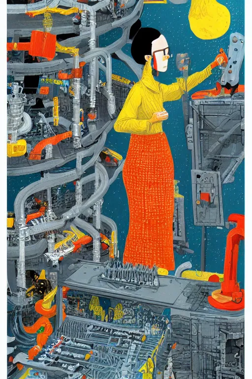 Image similar to portrait of an engineer woman fixing the samsara core cluster, fine portrait, concept art, in the style of brecht evens