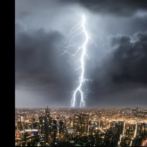 Image similar to enormous creature towering over a city during a thunderstorm, hyper realistic