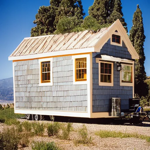 Image similar to Hearst Castle as a tiny home, able to be transported on a trailer. Photographed with Leica Summilux-M 24 mm lens, ISO 100, f/8, Portra 400