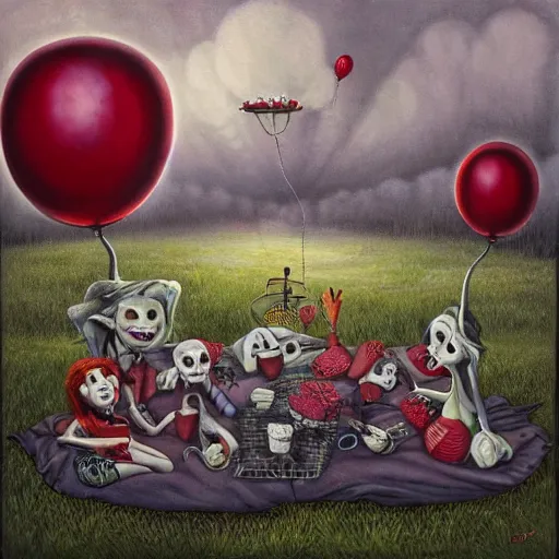 Prompt: grunge painting of a picnic with a wide smile and a red balloon by chris leib, loony toons style, pennywise style, corpse bride style, horror theme, detailed, elegant, intricate, conceptual, volumetric light