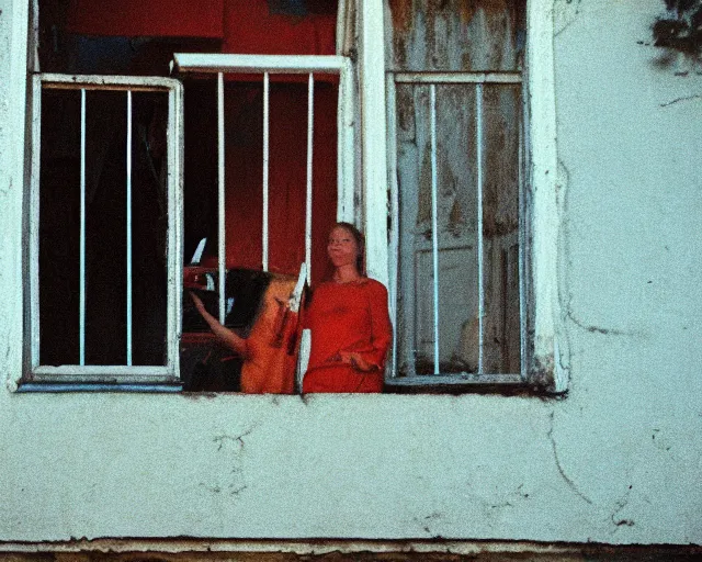 Image similar to lomo photo of pair standing on small hrushevka balcony full with cigarette smoke in small russian town at sunset, cinestill, bokeh