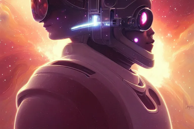 Image similar to Portrait of a Futuristic astronaut reflective visor reflecting a nebula supernova in space, portrait, elegant, intricate, digital painting, artstation, concept art, smooth, sharp focus, illustration, art by artgerm and greg rutkowski and alphonse mucha