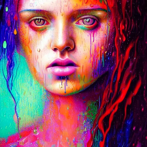 Image similar to portrait of girl in colored psychedelic rain with wet hair and face, fantasy, intricate, elegant, dramatic lighting, elated emotion, highly detailed, lifelike, photorealistic, digital painting, artstation, concept art, smooth, sharp focus, illustration, art by John Collier and Albert Aublet and Krenz Cushart and Artem Demura and Alphonse Mucha