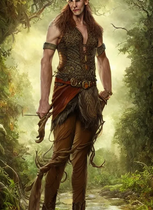 Image similar to a relaxed malehalf elf middle aged druid in a sleeveless west, brown short hair, strong, full body, 8 k, hyperrealistic,, hyperdetailed, fantasy portrait by laura sava