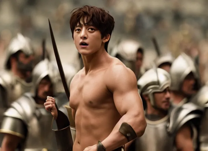 Prompt: film still of jungkook as leonidas in 3 0 0 movie, 8 k