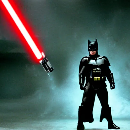 Image similar to hd photograph movie still of batman wielding a red lightsaber in star wars 2 0 0 5