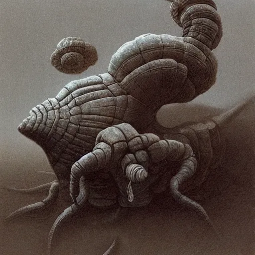 Prompt: snail boss in style of shadow of the colossus by zdzisław beksiński