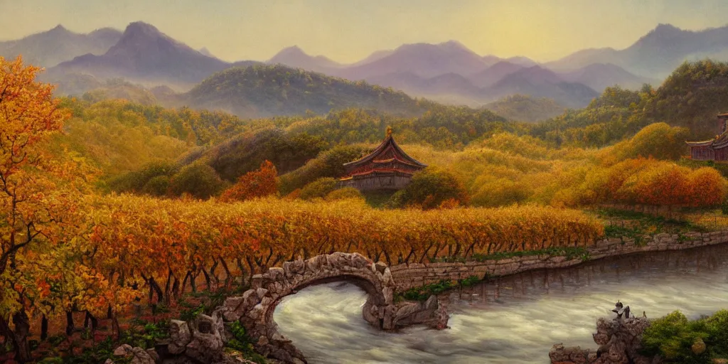 Image similar to painting of a FANTASY winery in BEIJING autumn, with a river winding through them. In the distance, there are mountains. by bob ross, Albert Bierstadt, oil on canvas, real photo taken with Polaroid camera, immaculate scale, hyper-realistic, trending on Artstation, 8k, detailed, atmospheric, immaculate