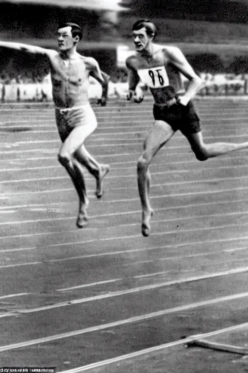 Image similar to Louis zamperini races against emperor Hirohito in the 400 meter,in the style of laurel and hardie