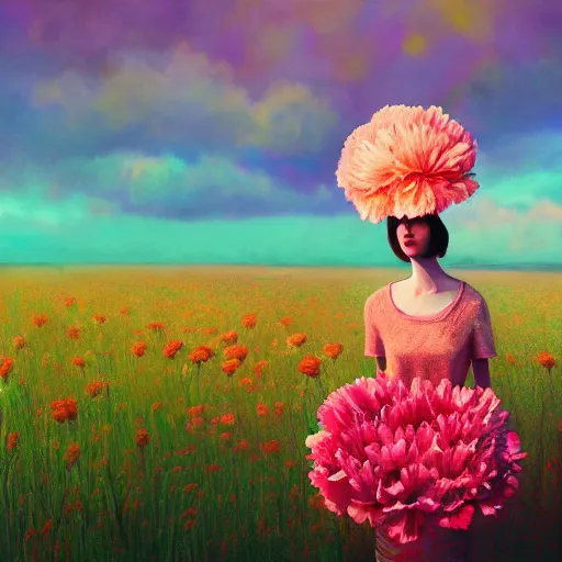 Image similar to giant carnation flower head, frontal, girl in a suit, surreal photography, sunrise, dramatic light, impressionist painting, digital painting, artstation, simon stalenhag