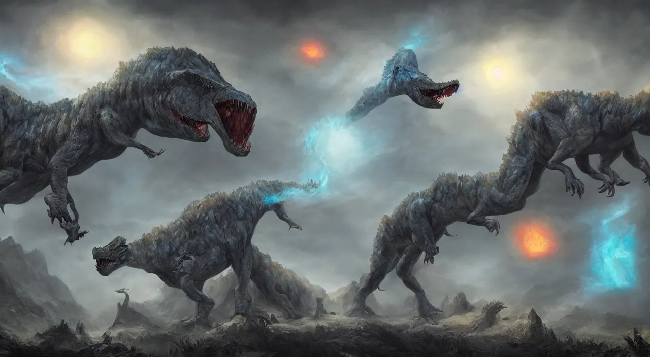 Image similar to colorful ghost dinosaurs, glowing with magic, trapped in slate grey walls, matte painting, fantasy art, concept art, 4 k
