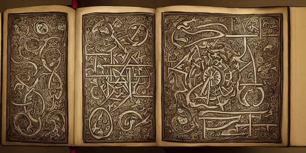 Image similar to a very detailed book of spells with ornate cryptic symbols drawn on the pages