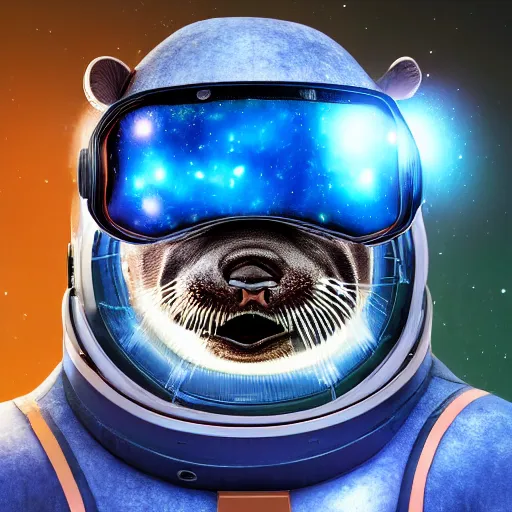 Image similar to a realistic portrait of an otter wearing a full space suit and reflective visor set against a space and nebula background, trending on artstation, ultra detail, photorealistic, fine detail, cgi, zbrush, global illumination, studio lighting