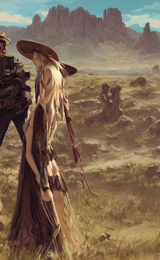 Prompt: fallout new vegas landscape, official media,a smooth cinematic beautiful closeup moment of lovers saying goodbye wearing boho poncho and sunhat with hyacinths, full body portrait and simple form, brutal shapes, shaman, pixiv, 1990s fashion, official anime media, cinematic lighting, artstation consept artwork by doja cat, charlie bowater, waterhouse, ,greg rutkowski, wong kar wai