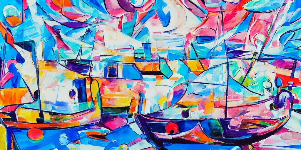 Image similar to abstract maximalist painting, interesting relationship within the composition, gestural lines, maximalism, boats at harbor, white sketchbook style, paint on canvas, power washed texture, masterpiece,