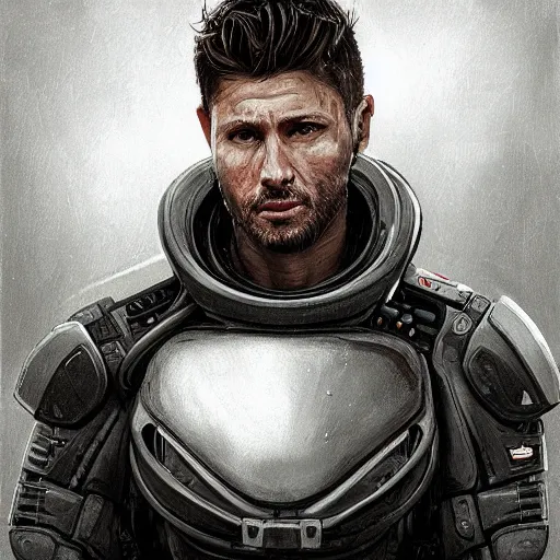 Prompt: portrait of a man by greg rutkowski, jenzen ackles as a weyland - yutani mercenary, from aliens franchise, he is about 3 0 years old, military composure, wearing white and black colored tactical gear, highly detailed portrait, digital painting, artstation, concept art, smooth, sharp foccus ilustration, artstation hq