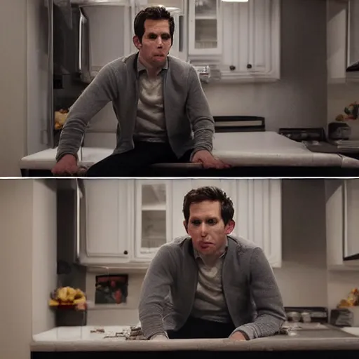 Image similar to dennis reynolds, sitting on a throne in a kitchen, cinematic style