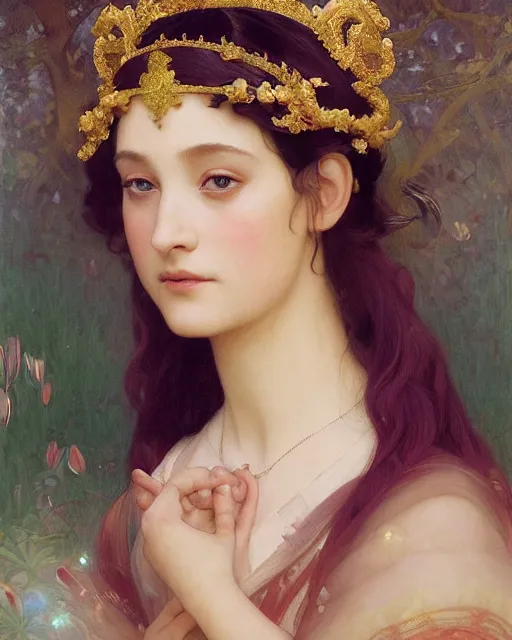 Prompt: a portrait painting of a shy, blushing 1 4 - year old princess resembling uma thurman in a tiara and an iridescent art nouveau gown watching the lantern festival, intricate, elegant, highly detailed, artstation, concept art, by krenz cushart and artem demura and william adolph bouguereau and alphonse mucha