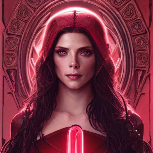 Image similar to Ashley Greene as Scarlet Witch, western, D&D, fantasy, intricate, elegant, highly detailed, digital painting, artstation, concept art, matte, sharp focus, illustration, art by Artgerm and Greg Rutkowski and Alphonse Mucha