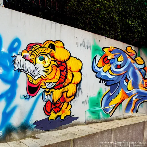 Prompt: lion dance, china, graffiti style, spraypainted on a wall