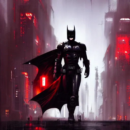 Image similar to cyberpunk batman, red bat, moody, futuristic, city background, brush strokes, oil painting, greg rutkowski