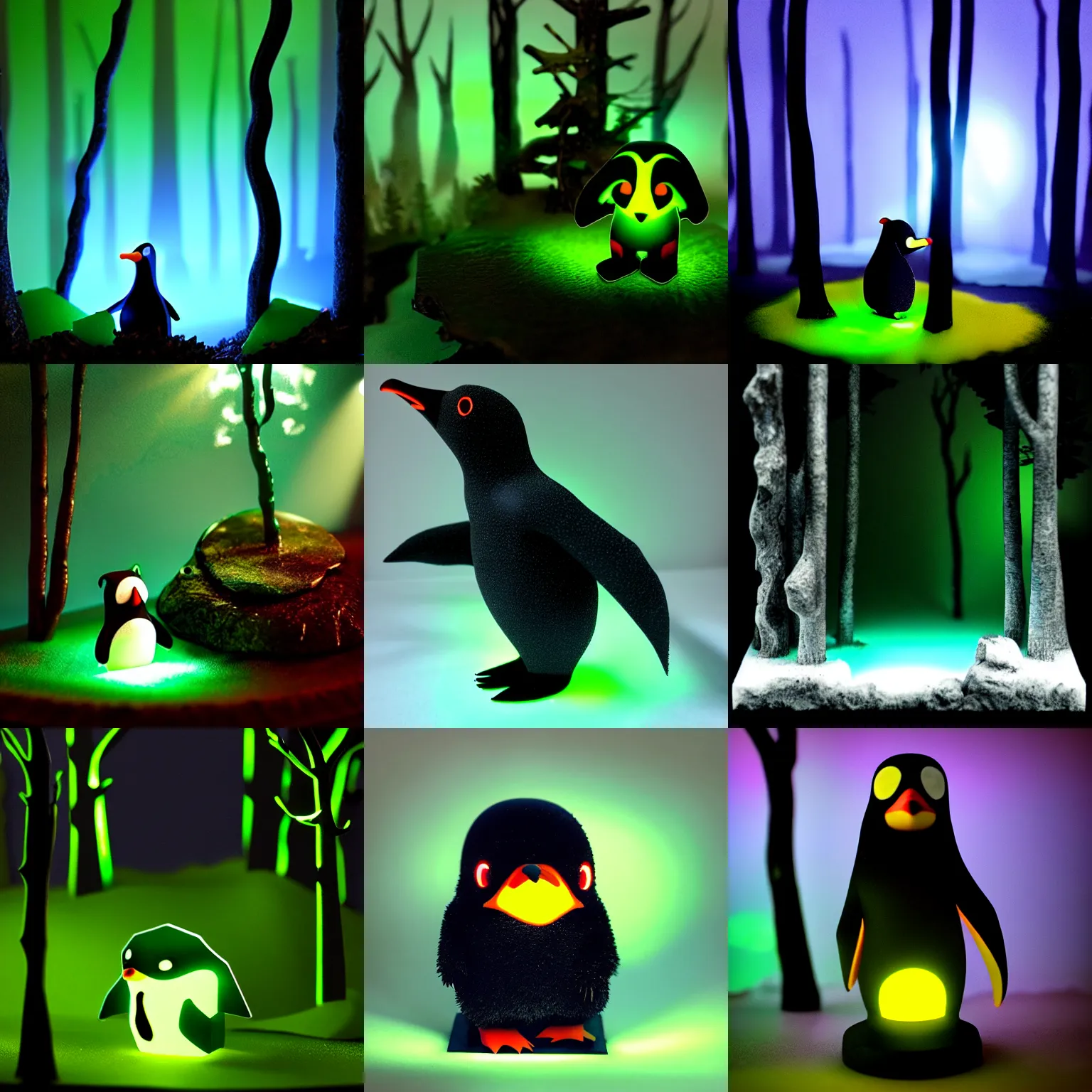 Prompt: dark forest : : pinguin monster : : resin, light mode, cinecolor, fluorescent, electric arc, moody lighting, volumetric light, wavy