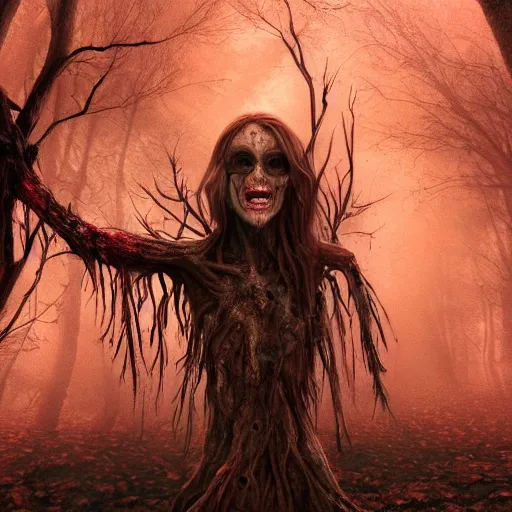 Image similar to A realistic detailed photo of a creepy witch, blood, exploded belly, red eyes, destroyed body, dead skin, dead trees, detailed body, teeth filled with cavities, foggy landscape, creepy, light particles, detailed light, realistic shaders, trending on artisation, detailed textures, detailed, realistic.