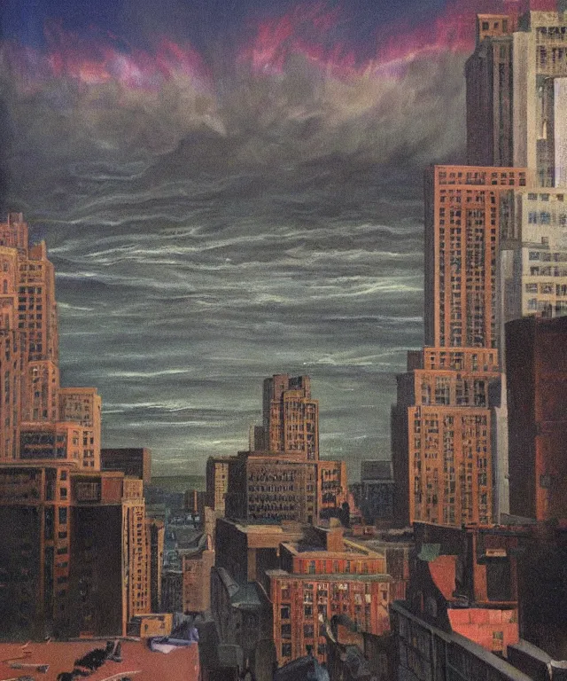 Image similar to horrifying full color photorealistic painting of the view from a 1 9 2 5 hotel terrace balcony overlooking a warped view of downtown boston in 1 9 2 5 with a cosmic sky, dark, atmospheric, brooding, smooth, finely detailed, cinematic, epic, in the style of paul carrick