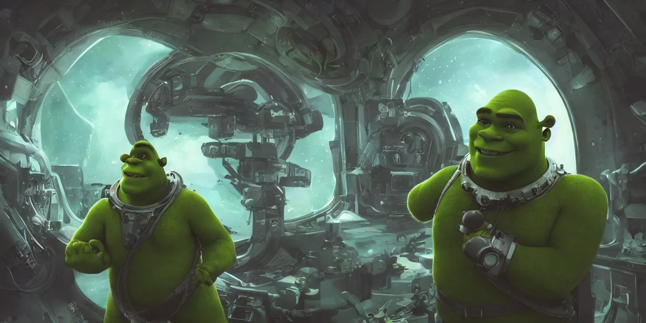 Image similar to Shrek with as a futuristic astronaut, outside large window of ship, helmet with clear HUD shield and led lights, underwater in the ocean at night, dark water, volumetric lighting, glowing lights, 4k, octane, digital painting, artstation, concept art, sharp focus, illustration, high contrast, high saturation , cinematic film still, art by artgerm and greg rutkowski and alphonse mucha , wide angle view,
