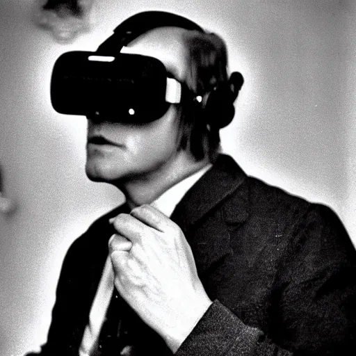 Image similar to old photograph of a russian researcher with a soviet virtual reality headset, russia, 1 9 7 6, ussr, hyper detailed