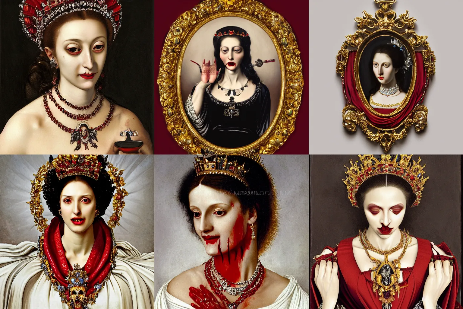 Image similar to A extremely highly detailed majestic hi-res beautiful immaculate head and shoulders painting of a beautiful bloody vampire woman with fangs, crying tears of red blood wearing a long royal red silk dress, the crown jewels is on her head and around her neck is a ornate golden necklace decorated with diamonds and rupees smiling by Michelangelo Merisi da Caravaggio, high detail, hyperrealistic, photorealistic, octante render, cinematic, high textures, royaltly, royal, hyper sharp, 4k insanely detailed and intricate, hypermaximalist, 8k, hyper realistic, super detailed, 4k HDR hyper realistic high,