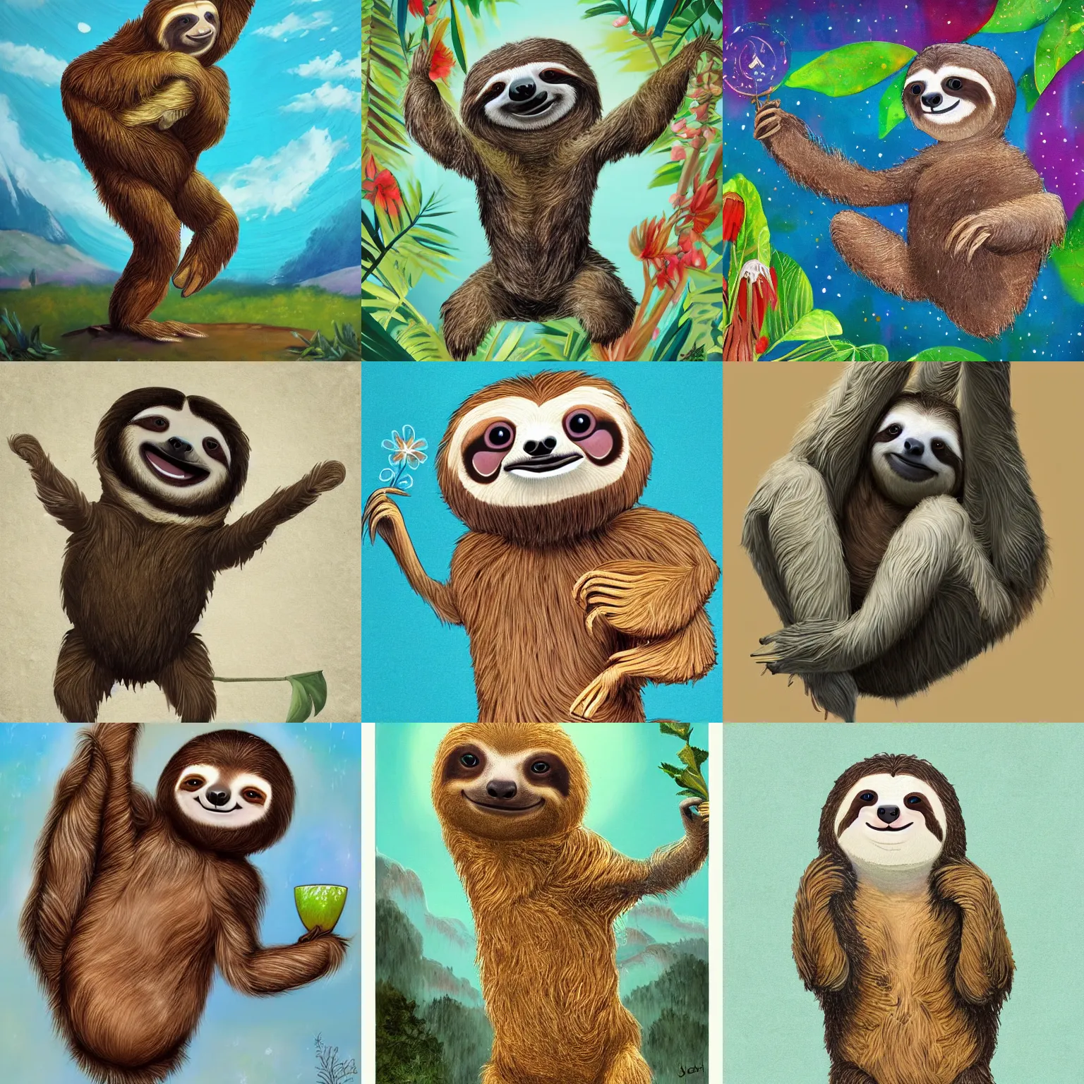 Image similar to beautiful art of a sloth dancing with joy, full body art, trending on ArtStation