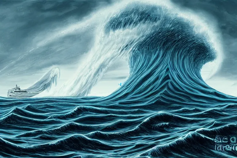 Image similar to a giant tsunami wave with cat size ship, digital painting, epic composition, highly detailed, 8 k