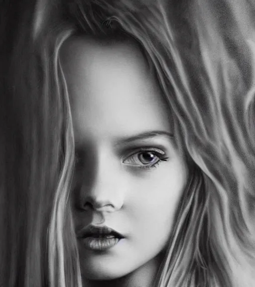 Image similar to a beautiful girl portrait, faded mountain background, realism tattoo, in the style of den yakovlev, black and white, hyper realistic, highly detailed