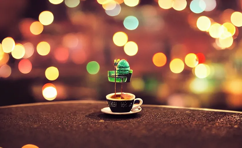 Image similar to mini cafe diorama macro photography, [ [ bokeh lights ] ], ambient, atmospheric photograph