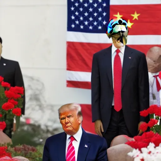 Image similar to obama with an american flag wrapped around his head, trump and putin in greyscale look on forebodingly in the background, red chinese flowers in the background, chinese characters in the foreground