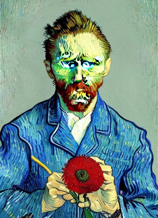 Prompt: hyper realistic vincent van gogh holding a flower drawn by chiara bautista and norman rockwell and greg rutkowski weta studio, and lucasfilm