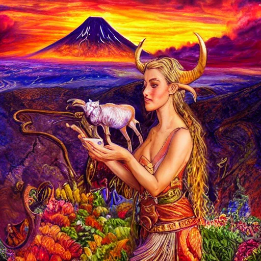 Image similar to painting by senior concept artist josephine wall, horned ram goddess checking her cell phone, erupting volcano and sunset in distance in background, flowers in foreground, trending on artstation, zodiac, fantasy, acrylic on canvas, intricately detailed, highly detailed, high resolution, hd, hdr, 8 k