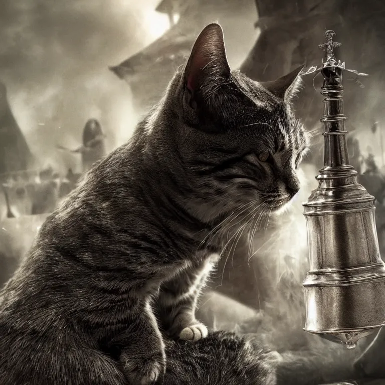 Image similar to an amazing award winning photo of a cat as knight templar protecting the holy grail, very detailed and sharp, 4k hdr, cinematic masterpiece