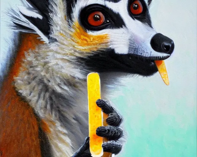 Prompt: a bright happy juxtapoz oil painting of a lemur eating a popsicle