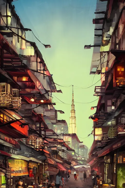 Image similar to backlane alley hawker street with kuala lumpur twin towers in the background, evening, highly detailed matte painting, studio ghibli, artstation