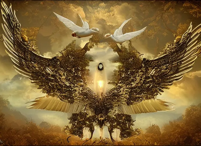 Image similar to a 3 d scene of an angelic apache fighter jet with swan wings with ornate rococo patterns flying over an enchanted forest, solarpunk, fantasy art