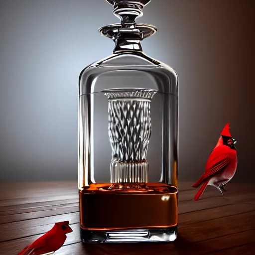 Prompt: a photorealistic photograph of a Cardinal bird inside of an Armagnac decanter Trending on Artstation, featured on Behance, well-rendered, Unreal Engine, 4K HD