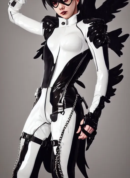 Image similar to full body artwork of tracer overwatch, wearing white latex and leather straps catsuit outfit, in style of mark arian, angel wings, dramatic painting, wearing detailed leather collar, chains, black harness, detailed face and eyes,