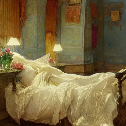 Prompt: a beautifull intricate watercolour painting of a bed room, reflexions, verry high details by william turner art, greg rutkowski and alphonse mucha, trending on artstation, very very detailed, masterpiece, muted colors