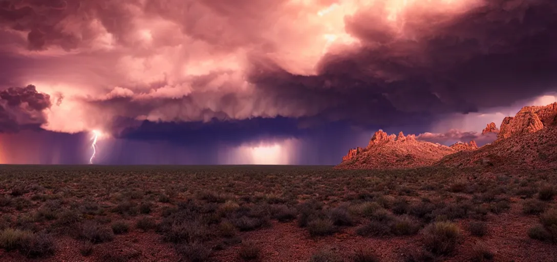 Image similar to a beautiful picture of a dark distant thundercloud in a desert, shelf cloud, intricate detail, impending doom, sunset, serene, volumetric lighting, volumetric clouds, 8 k, hyperrealistic, digital art trending on artstation