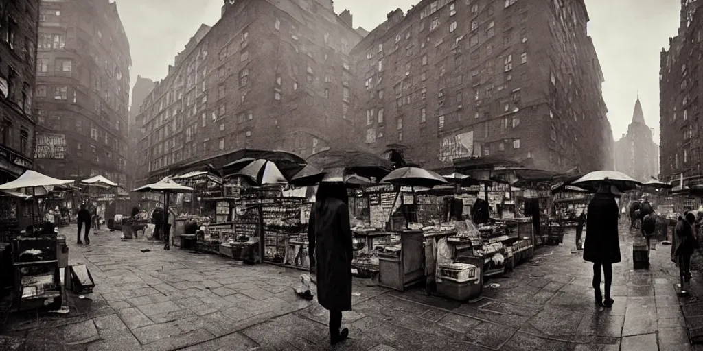 Image similar to medium shot of market stall with umbrellas : sadie sink in hoodie. in ruined square, pedestrians on both sides. steampunk tenements in background : 3 5 mm film, anamorphic, from schindler's list by steven spielberg. cyberpunk, cinematic atmosphere, detailed and intricate, perfect anatomy